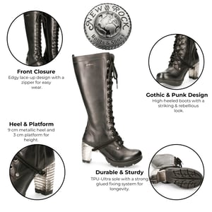 New Rock M-TR005-S1 Kniehohe schwarze Gothic-Stiefel mit hohem Absatz für Damen