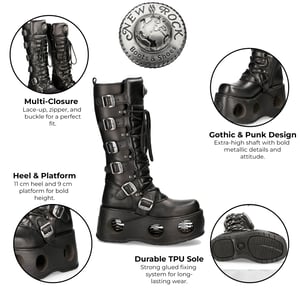New Rock M-272-S2 Neptuno Metallic Kniehohe schwarze Gothic-Stiefel aus Leder