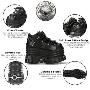 New Rock M-106-C181 Schwarze Gothic Punk-Stiefeletten mit klobiger Plateausohle
