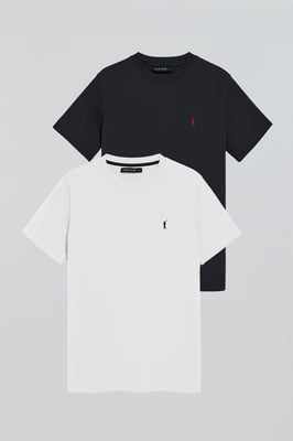 Pack mit zwei T-Shirts marineblau und weiß mit Rundhalsausschnitt und Rigby Go Logo-Stickerei