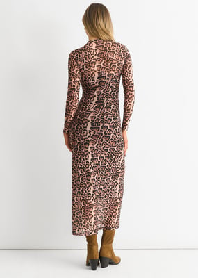 Braunes Netz-Maxikleid aus Jersey mit Tiermuster