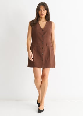 Schokoladenfarbenes Leinenhemd mit Knopfleiste Minikleid