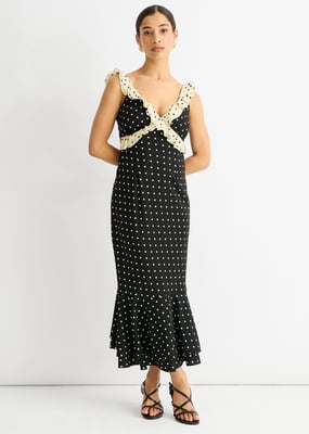 Schwarzes Spot Ruffle Bias Midikleid