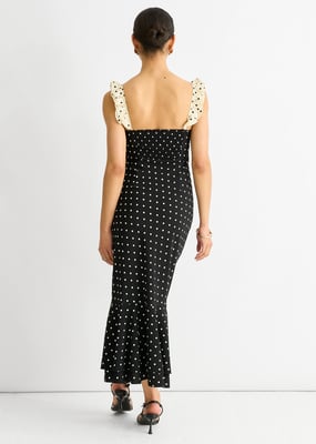Schwarzes Spot Ruffle Bias Midikleid