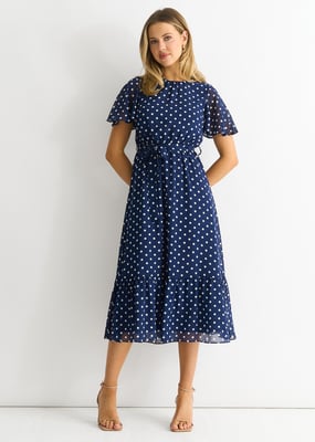 Marineblaues Flecken-Chiffon-Midikleid mit Engelsärmeln