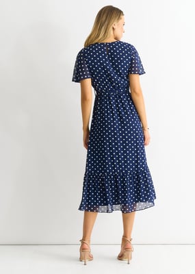 Marineblaues Flecken-Chiffon-Midikleid mit Engelsärmeln