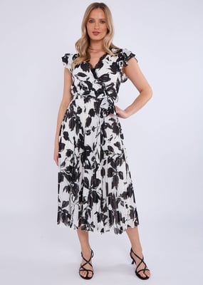 Midikleid mit Spitzenbesatz und Wickelfalten