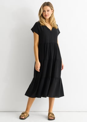 Schwarzes V-Ausschnitt Taschen-Smock Midikleid