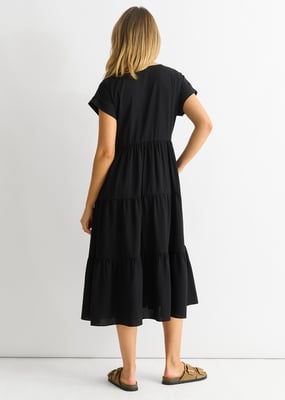 Schwarzes V-Ausschnitt Taschen-Smock Midikleid