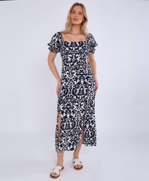 Marineblaues Midikleid mit geteilten Puffärmeln aus Viskose