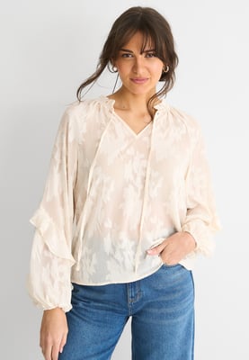 Langärmelige Bluse aus cremefarbenem Jacquard mit Blumenmuster