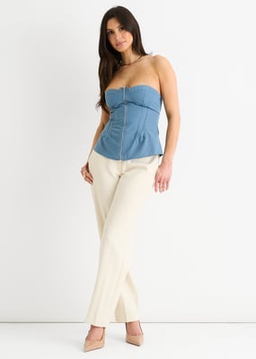 Blaues Bandeau-Oberteil mit Nahtdetail und Reißverschluss