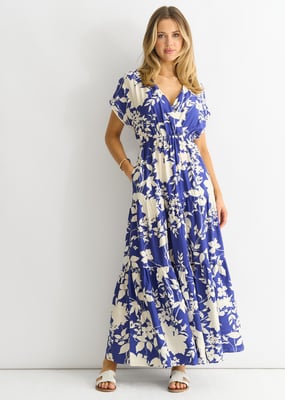 Blaues geblümtes Maxikleid mit elastischer Taille