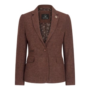 Rostbrauner Damen-Blazer aus Wolltweed mit Fischgrätenmuster und Karomuster