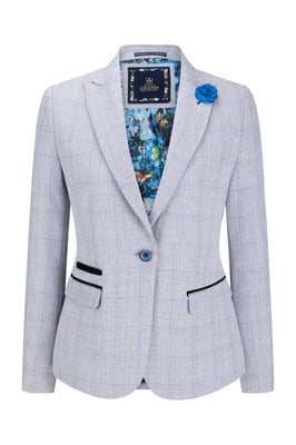 Blau karierter Damen-Blazer aus Wollmischung mit Fischgrätenmuster