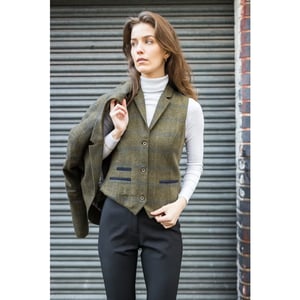 Olivgrüne Tailored Fit Tweedweste für Damen mit Fischgrätenmuster