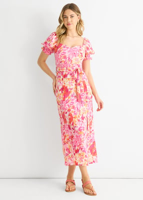 Rotes geblümtes Midikleid mit Puffärmeln und Gürtel