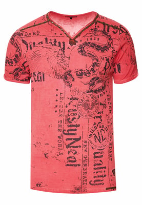 V-Neck T-Shirt Verwaschen mit Prints und Wildleder Details