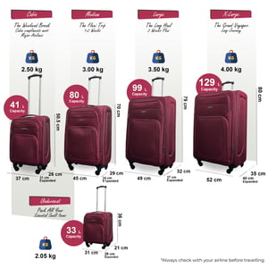 Softshell-Kofferset aus leichtem Nylon in Weinrot mit 4 Rädern, Reisekoffer, Urlaubstaschen