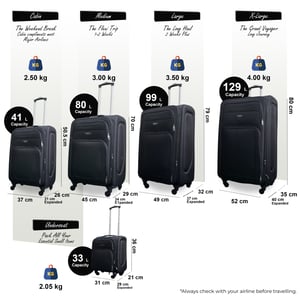 Softshell-Kofferset aus leichtem schwarzem Nylon mit 4 Rädern, Reisekoffer, Urlaubstaschen