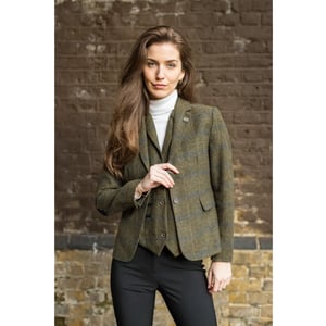 Olivgrünes 2-teiliges Tweed-Blazer-Weste-Set für Damen im Fischgrätenmuster