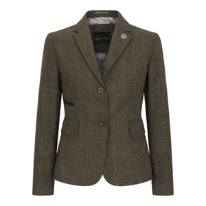 Olivgrünes 2-teiliges Tweed-Blazer-Weste-Set für Damen im Fischgrätenmuster