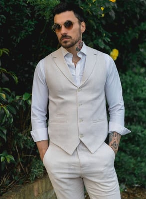 Herren Sommer 2-teiliges Anzugset Leinen Formal Creme Beige Weste Hose