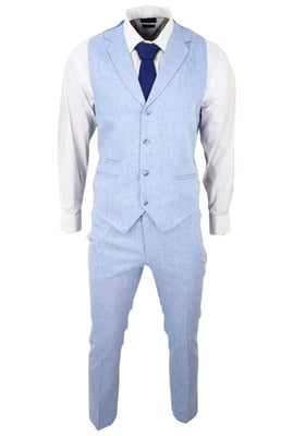 Herren Sommer 2-Teiler Anzug Leinen Formal Hellblau Weste Hose