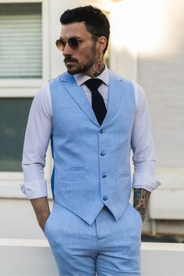 Herren Sommer 2-Teiler Anzug Leinen Formal Blau Weste Hose