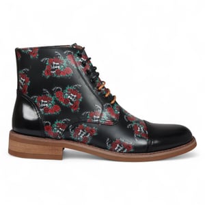 Justin Reess Herren-Oxford-Stiefeletten aus schwarzem Leder mit floralem Totenkopf-Print – Adam Skull