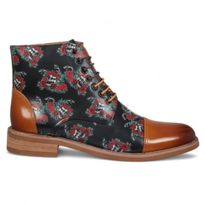Justin Reess Herren-Oxford-Stiefeletten aus braunem Leder mit Blumen- und Totenkopf-Print – Adam Skull
