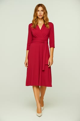 Bordeauxrotes Wickelkleid mit 3/4-Ärmeln und V-Ausschnitt – weicher Viskose-Jersey