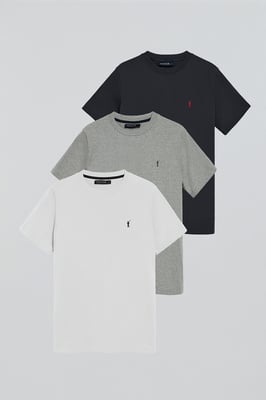 Dreierpack Kurzarm-T-Shirts mit Rigby Go-Logo marineblau, weiß und grau meliert