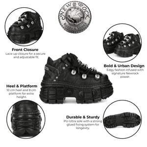 New Rock M-OVERZ106B-C1 Gothic-Stiefeletten aus klobigem schwarzem Leder im Metallic-Look