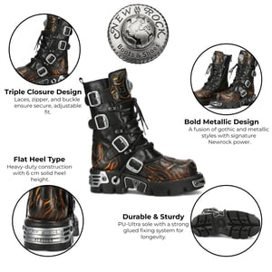 New Rock M-591-C58 Halbhohe Gothic-Stiefel aus schwarzem Flammenleder mit Metallic-Effekt