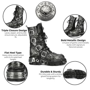 New Rock M-591-C63 Halbhohe Gothic-Stiefel aus schwarzem Stahlleder mit Metallic-Effekt
