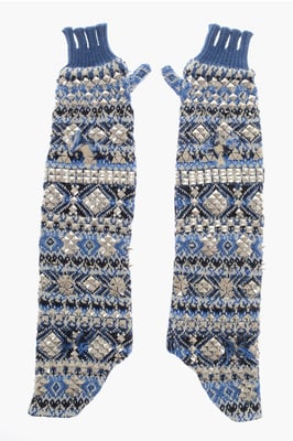 Gestrickte fingerlose, warme Handschuhe mit Nieten in Azzurro, Bianco, Blu, Multicolor