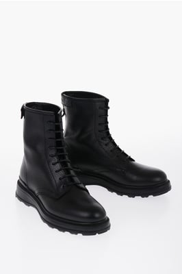 Strukturierter Leder-Arbeitsstiefel mit Reißverschluss in Schwarz