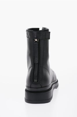 Strukturierter Leder-Arbeitsstiefel mit Reißverschluss in Schwarz