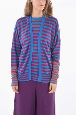 Gestreifte Strickjacke aus Flachs mit offener Vorderseite in Mehrfarbig