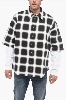 Baumwollhemd mit Druckknöpfen und BLURRED CHECK in Schwarz und Weiß