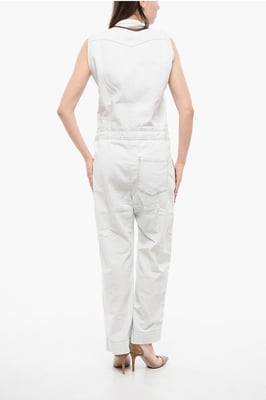 Ärmelloser Jeans-Jumpsuit mit Kordelzug in der Taille in Weiß