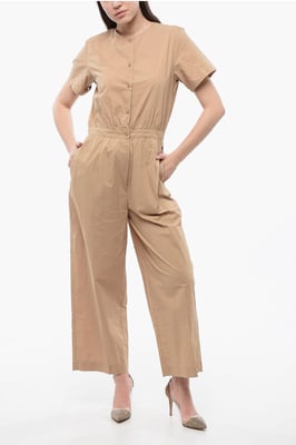 Kurzarm-Popeline-Jumpsuit in Beige