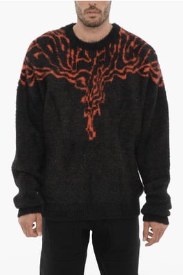 Rundhalspullover aus Nylon mit Kontraststickerei in Nero, Rosso