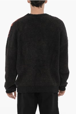 Rundhalspullover aus Nylon mit Kontraststickerei in Nero, Rosso