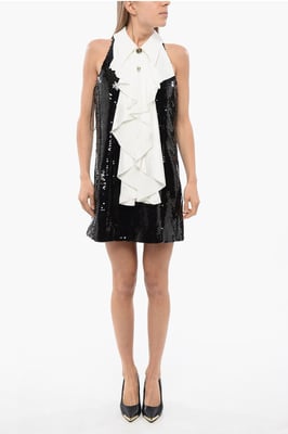 Ärmelloses Kleid mit Pailletten und Kragendetails in Schwarz