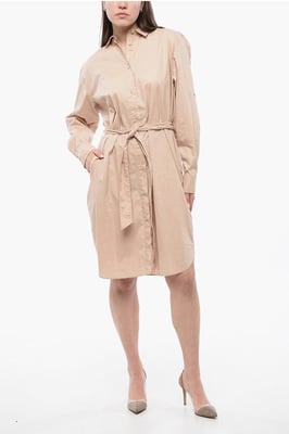 Langärmliges Hemdblusenkleid mit Gürtel in Beige