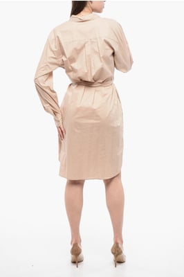Langärmliges Hemdblusenkleid mit Gürtel in Beige
