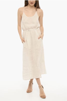 Awning Gestreiftes Leinen-Maxikleid mit Gürtel in Beige, Bianco