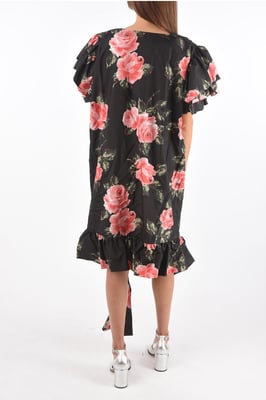 MM0 Maxikleid aus Seide mit Blumenmuster und kalter Schulter in Schwarz